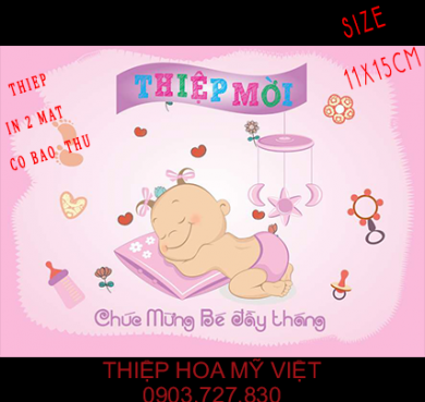 Thiệp mời Đầy Tháng Màu Hồng Dành Cho Bé Gái- Thiệp Hoa Mỹ Việt